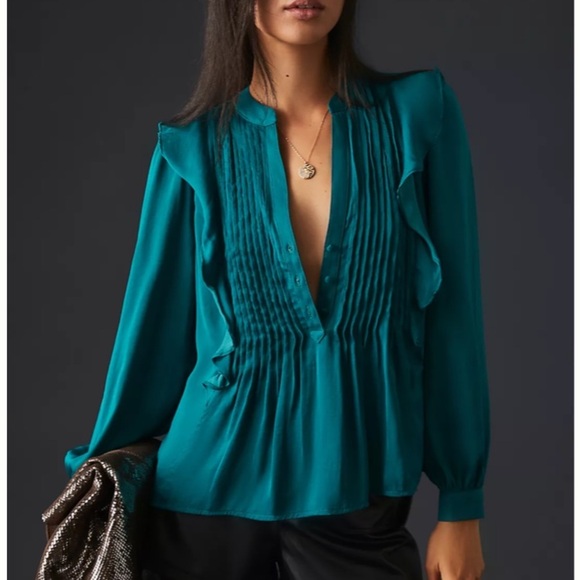 Anthropologie Blue Long Sleeve Ruffled Blouse - Picture 1 of 10